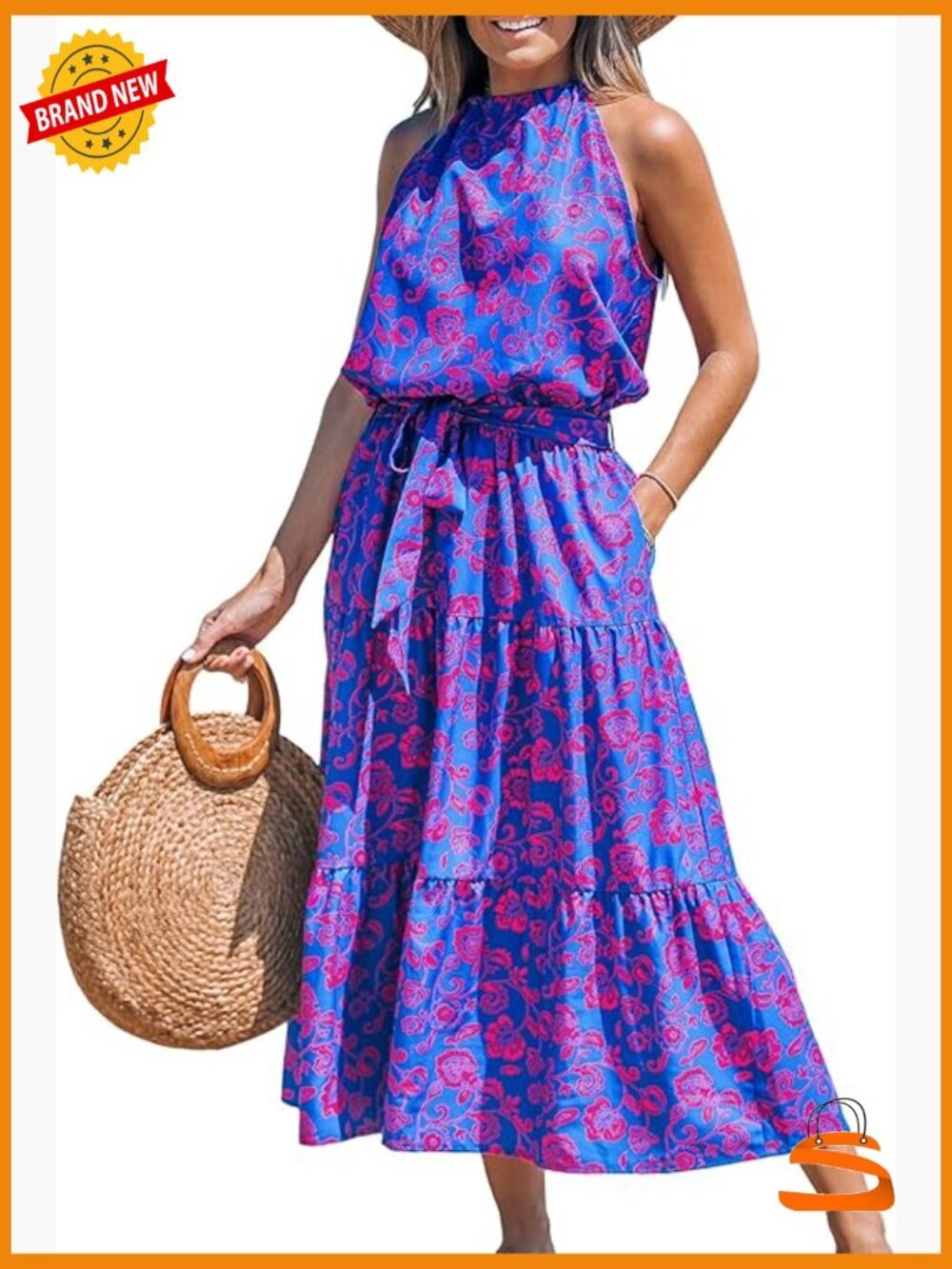 Halter Neck Midi Dress with Floral Print, Ruffle Hem, Waist Tie, Pockets,